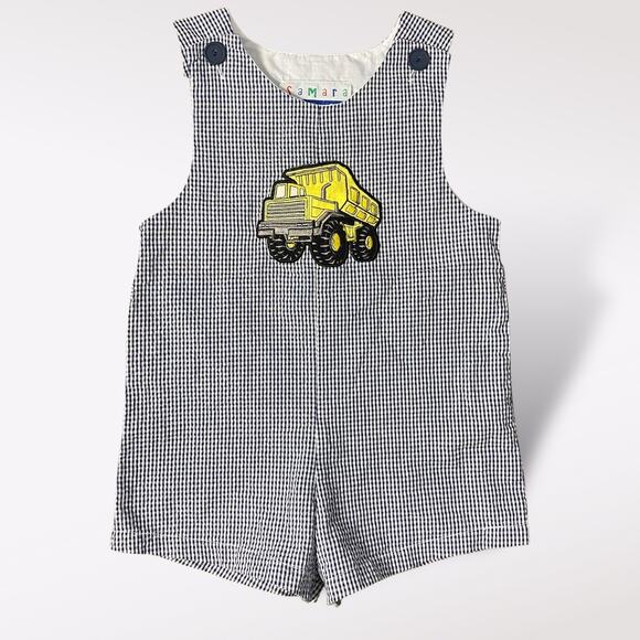 Vintage Samara Romper 3T Black White Seersucker Romper Dump Truck Appliqué - Picture 1 of 10